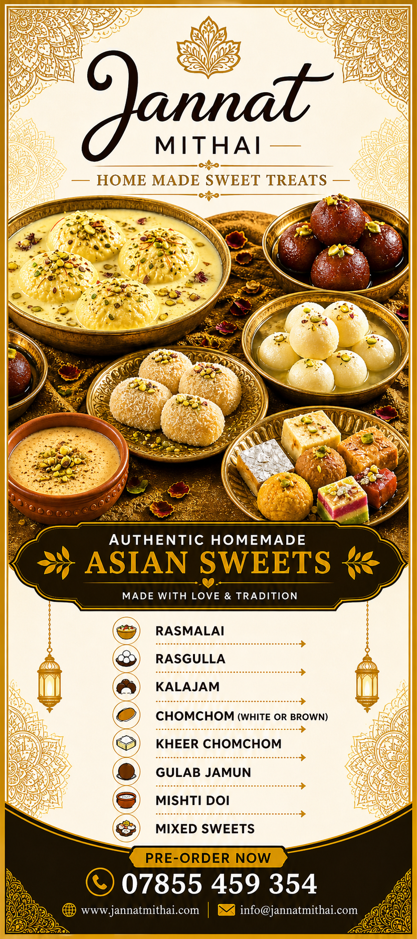 Jannat Mithai poster showing rasmalai, rasgulla, gulab jamun, mishti doi, chomchom, and mixed sweets.